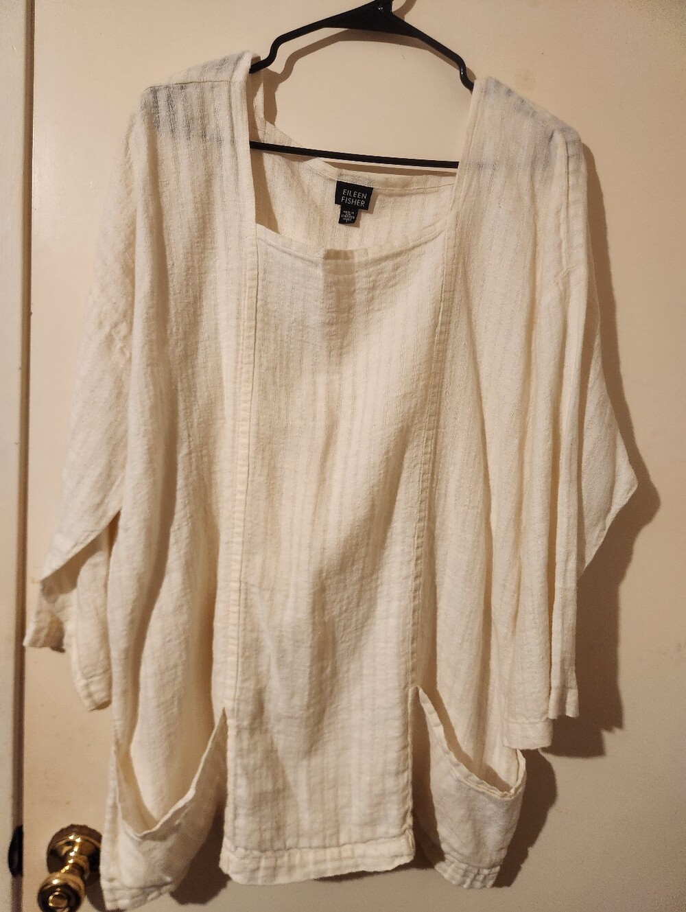 Eileen Fisher Cream Square Neck Pull Over Linen Gauze Tunic with Pockets Sz L